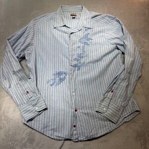 Blue Striped Embroidered Floral Paisley Cotton Button Down Shirt XL Rare western